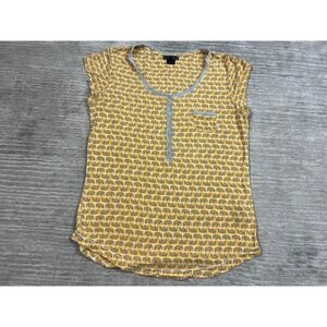Layla‎ Henley Top Womens Medium Yellow Elephant Print Short Sleeve Rayon Spandex